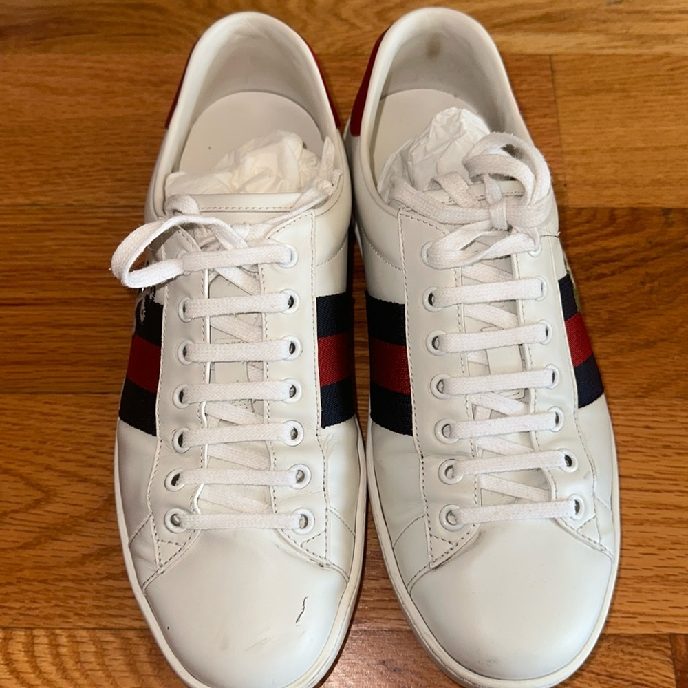 Gucci White Sneakers with Red and Blue Stripes